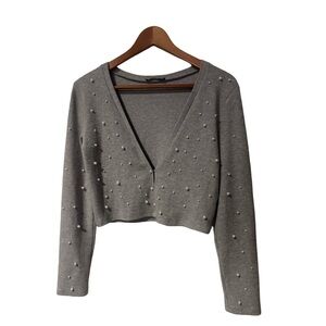 Zara Gray Pearl-Embellished Crop Top